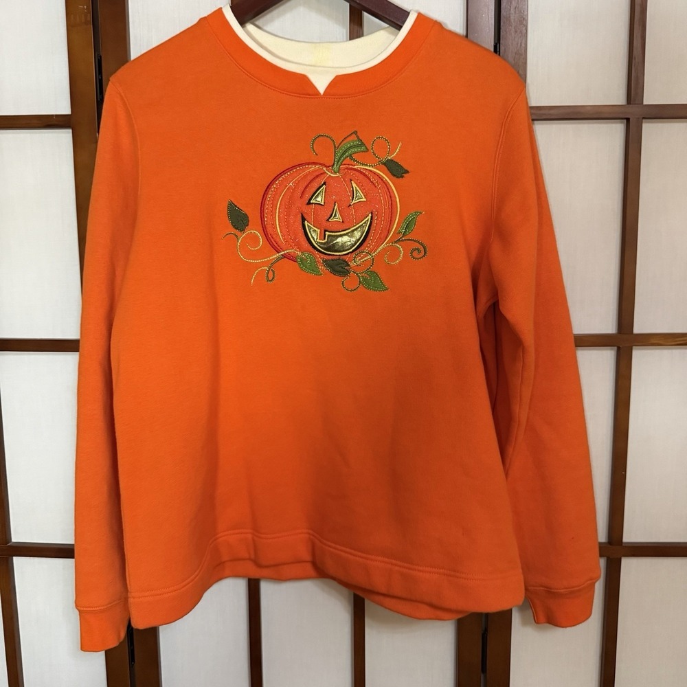 90s Halloween Sweatshirt Medium Pumpkin Orange Mockneck Orange White Stag VTG